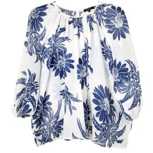 Beulah Style Blue & White Floral Balloon Sleeve Gauze Blouse Oversized One Size